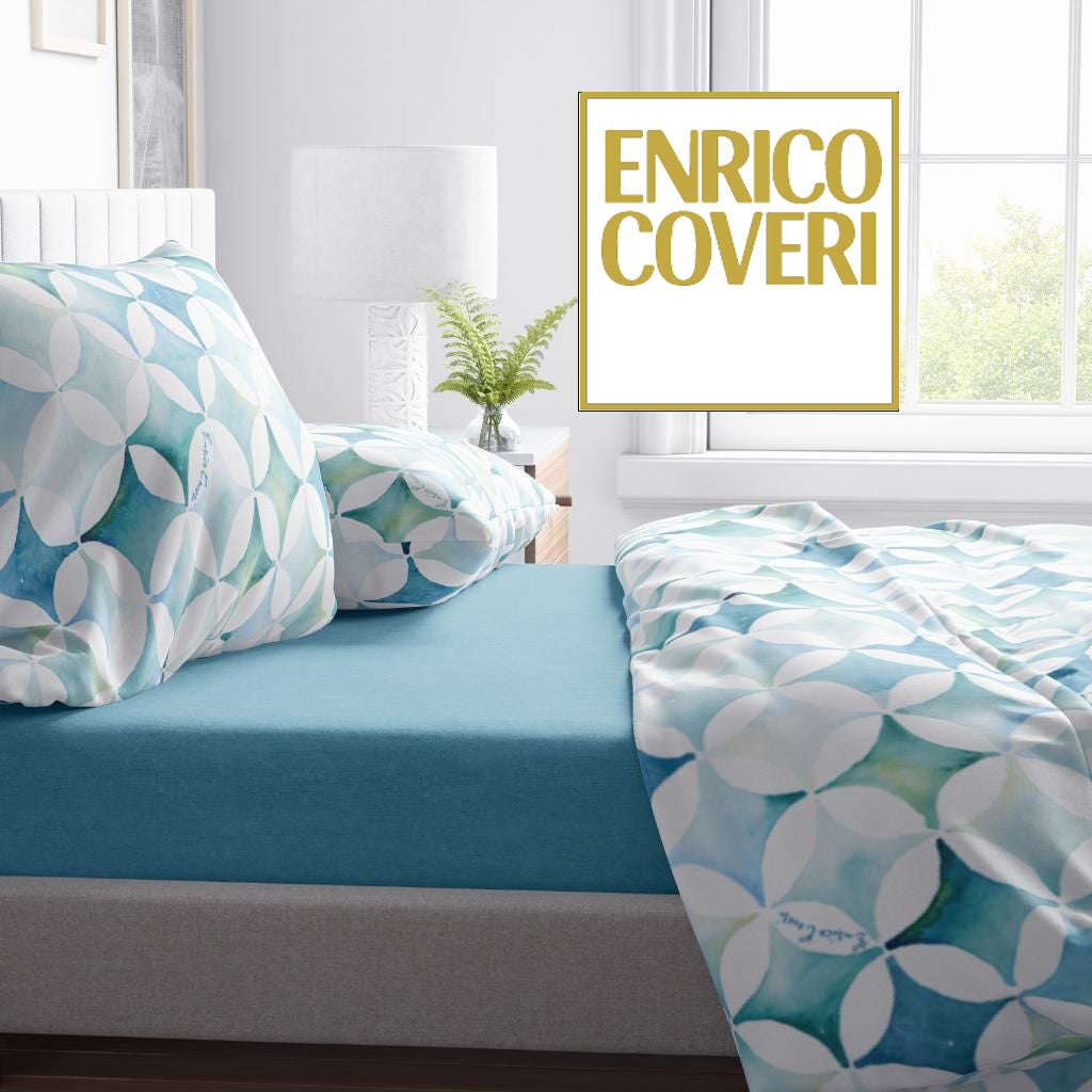 ENRICO COVERI Completo letto matrimoniale 100% percalle - Turchese