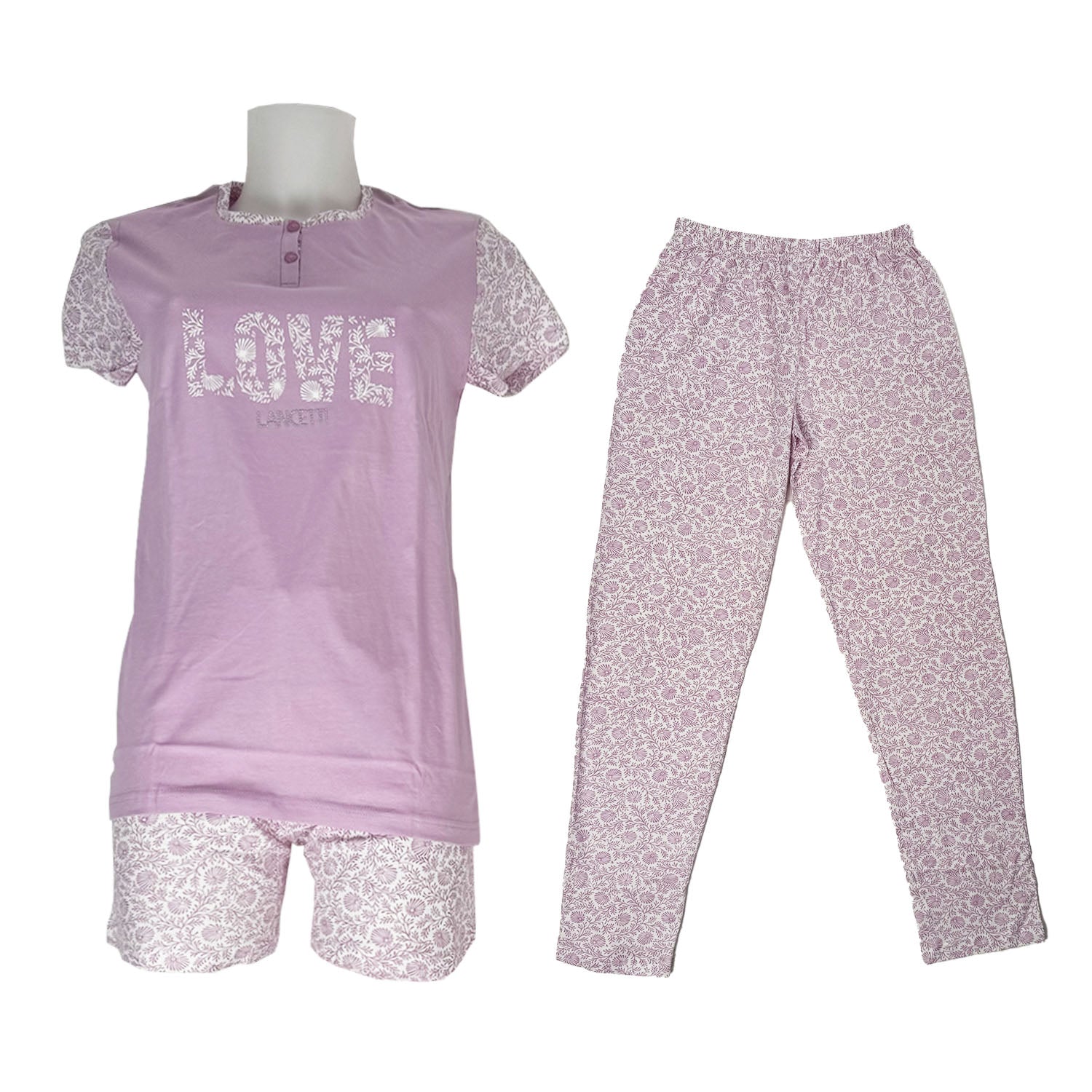 LANCETTI Pigiama IN COTONE DONNA Set 3 Pezzi Art LSW 00410 CICLAMINO