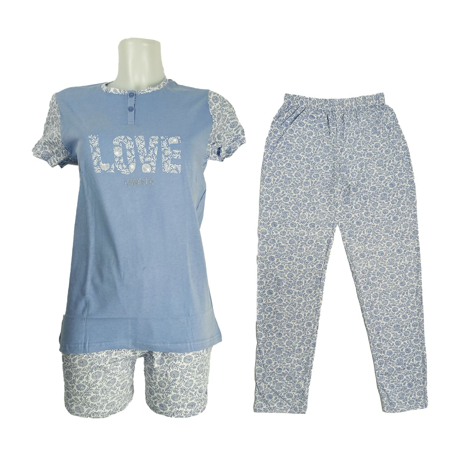 LANCETTI Pigiama IN COTONE DONNA Set 3 Pezzi Art LSW 00410 Azzurro