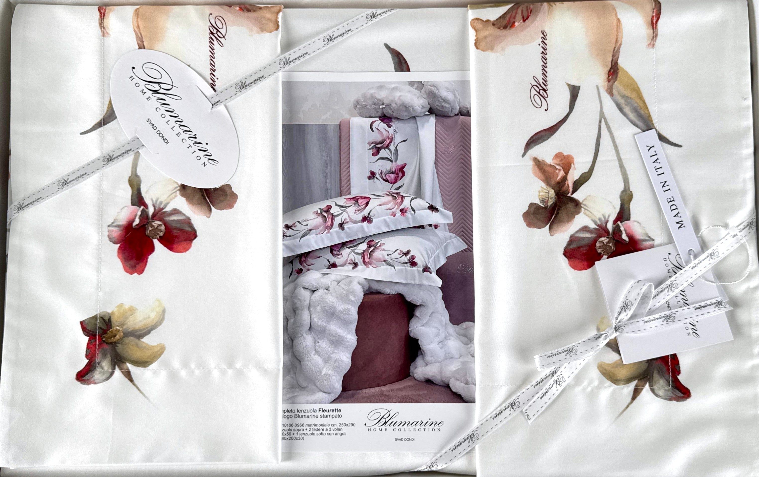 Blumarine Completo Lenzuola Matrimoniale In Raso Di Cotone Fleurette